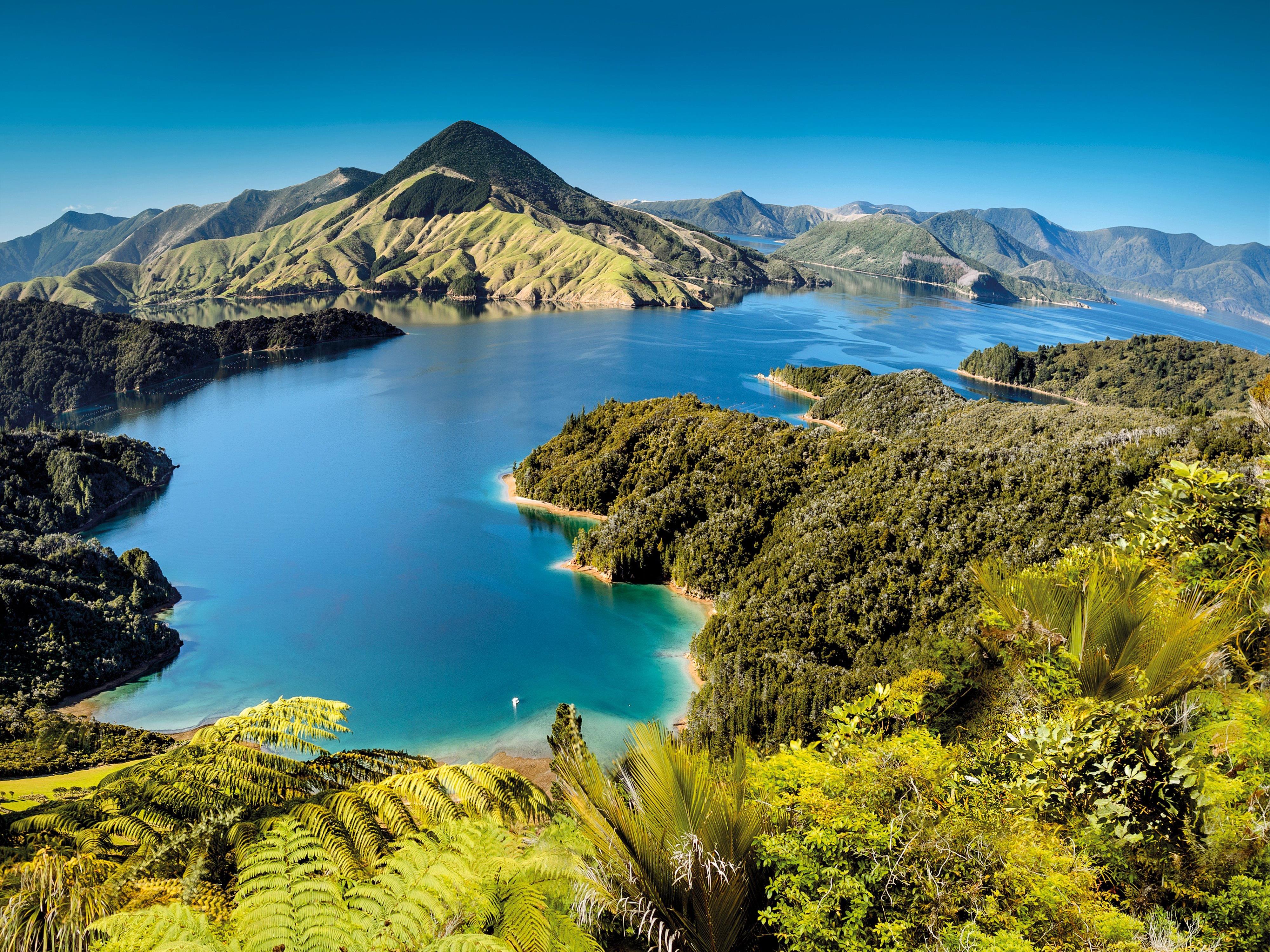 New Zealand from one of its most beautiful sides: a view of the world-famous Marlborough Sounds.