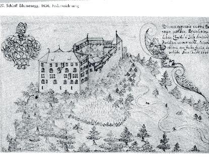Diese Federzeichnung aus dem Jahre 1636 vermittelt einen Eindruck von der einst imposanten Burganlage. Die Burgfreunde Blumenegg sind nun auf der Suche nach weiteren Bildern.