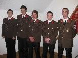Die angelobten jungen Feuerwehrmänner Daniel Luger, Matthias Frohner, Florian Moosbrugger, Christoph Mark mit Christoph Walser. Die angelobten jungen Feuerwehrmänner Daniel Luger, Matthias Frohner, Florian Moosbrugger, Christoph Mark mit Christoph Walser.