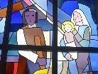 Glasfenster mit Darstellung der Heiligen Familie in der Kirche zum heiligen Josef dem Arbeiter in Gantschier.