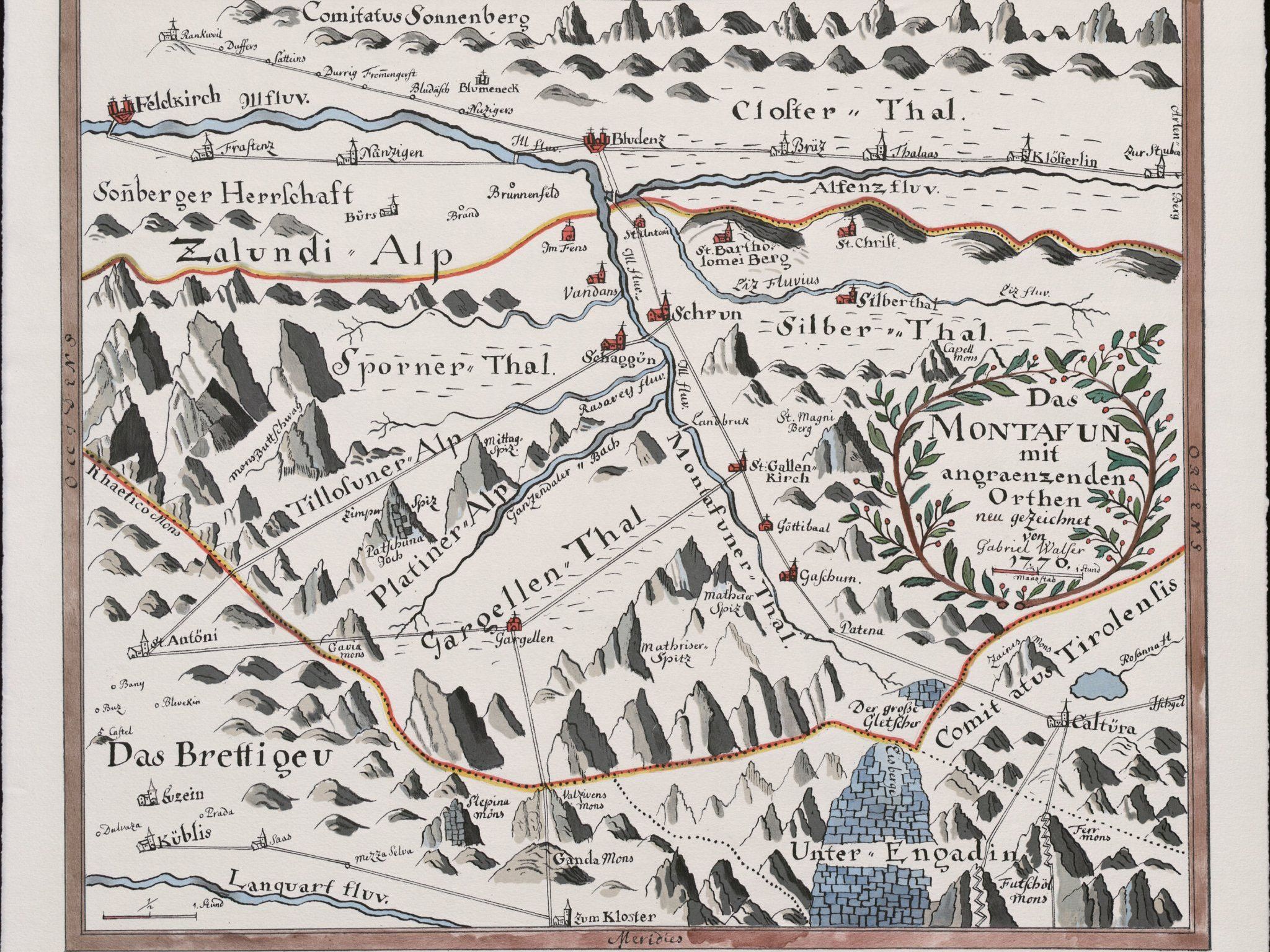 1770 zeichnete Gabriel Walser eine Karte des Montafons, das zur Herrschaft Bludenz gehörte 1770 zeichnete Gabriel Walser eine Karte des Montafons, das zur Herrschaft Bludenz gehörte