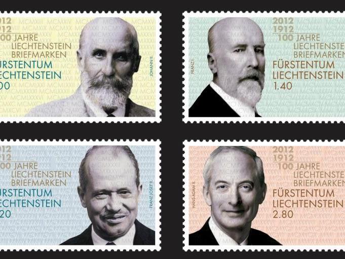 Die vier Sondermarken zum 100 Jahr Briefmarken Jubiläum mit den neuen Fürstenportäts