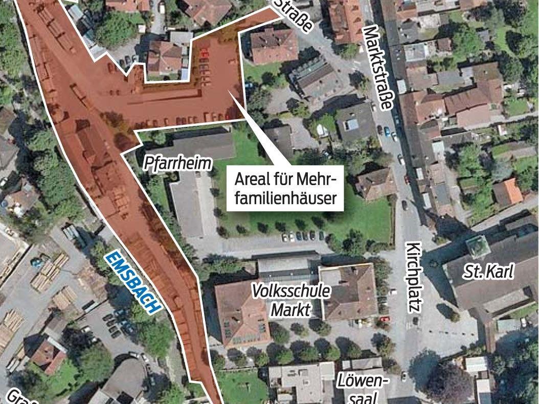 Verbauung "Am Emsbach": Auf dem Areal im Stadtzentrum sind fünf Mehrfamilienhäuser geplant.
