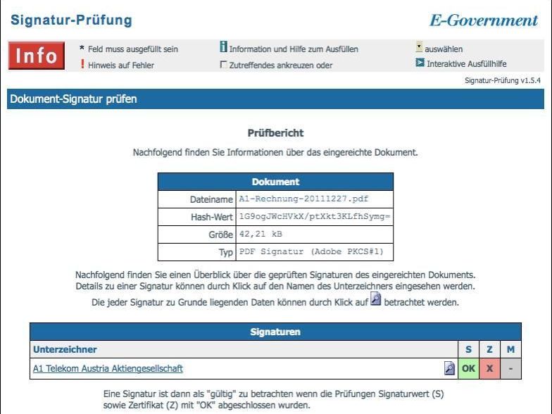 Signatur-Prüfung einer A1-Rechnung mit Fehlermeldung beim Zertifikat Signatur-Prüfung einer A1-Rechnung mit Fehlermeldung beim Zertifikat