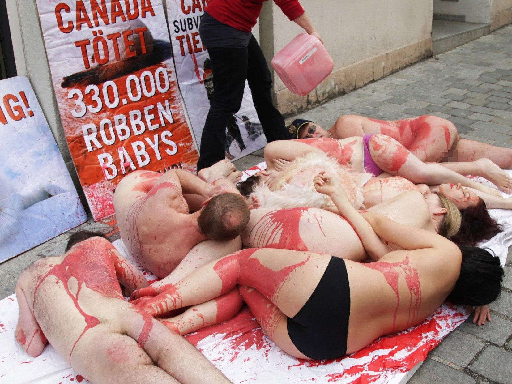 Aktivisten des VGT demonstrierten bei ihrem Nackt-Protest vor der kanadischen Botschaft.