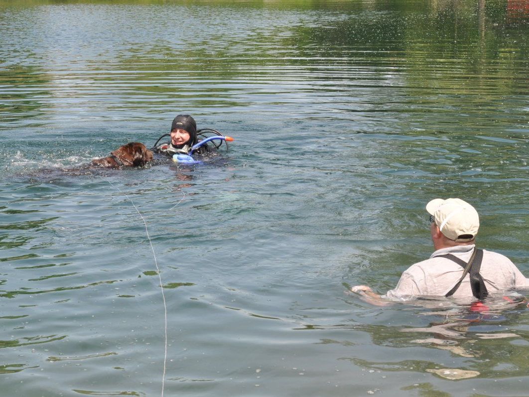 Stressresistent zeigten sich Hund und Hundeführer: Gino fand mit Jürgen Egger sein „Opfer“ im Wasser. Stressresistent zeigten sich Hund und Hundeführer: Gino fand mit Jürgen Egger sein „Opfer“ im Wasser.
