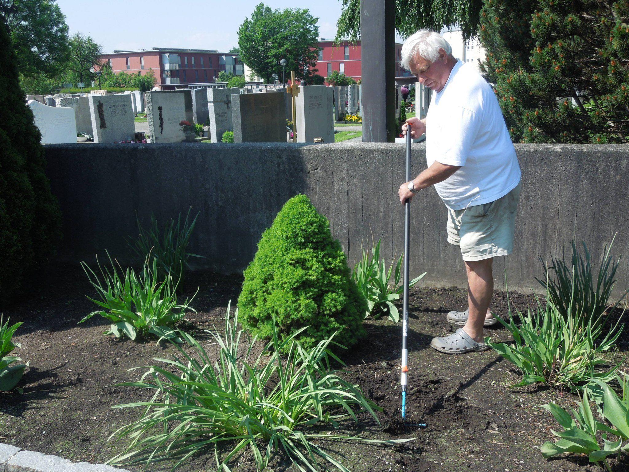Friedhofswärter Peter Neher vom Friedhof Hasenfeld spritzt die Buxbäume regelmäßig.