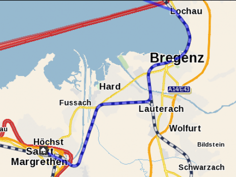 Der Weg der Bahn von Lochau über Bregenz, Hard, Lauterach, Wolfurt bis Lustenau. Der Weg der Bahn von Lochau über Bregenz, Hard, Lauterach, Wolfurt bis Lustenau.