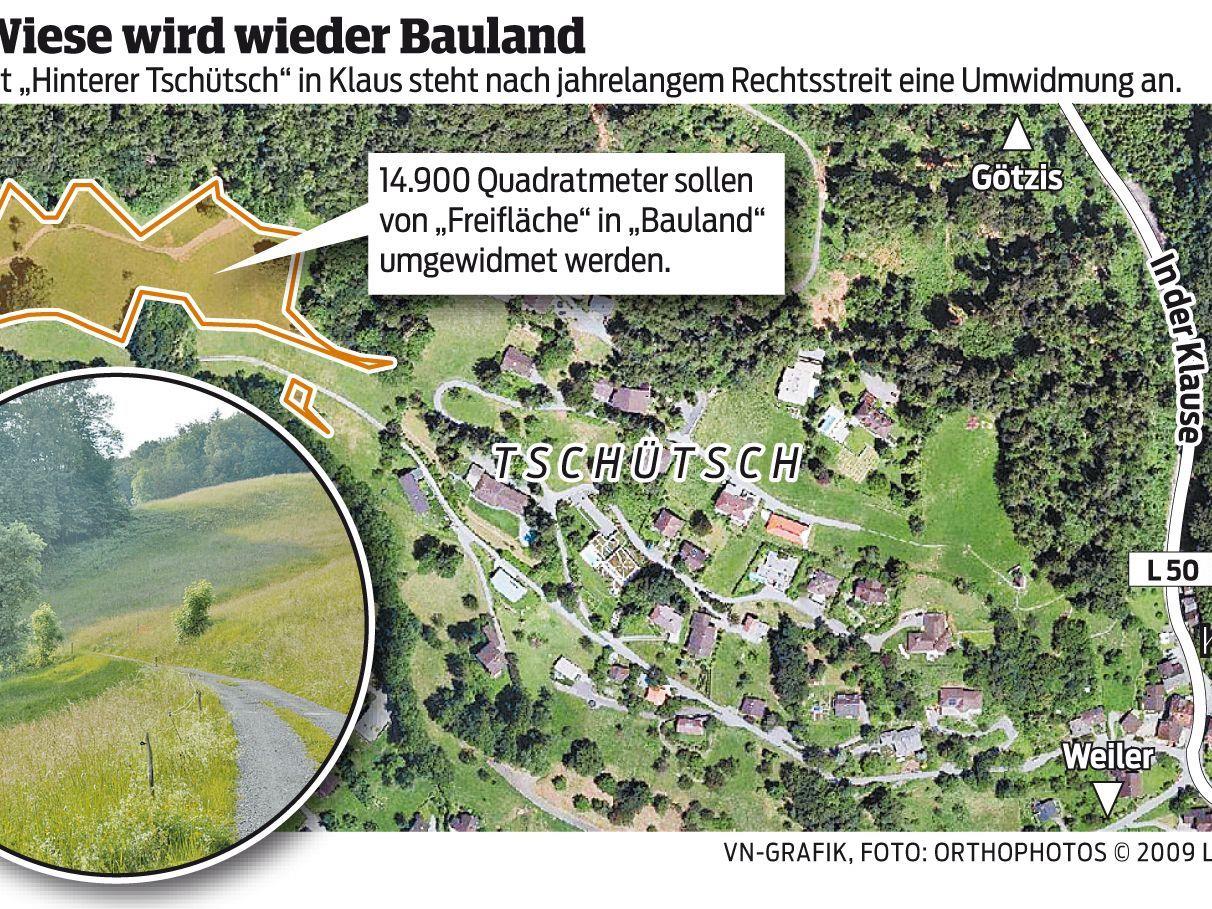 Aus Wiese wird wieder Bauland. Im Gebiet "Hinterer Tschütsch" in Klaus steht nach jahrelangem Rechtsstreit eine Umwidmung an.