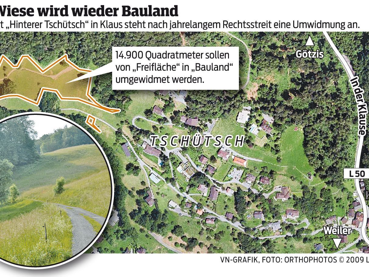 Aus Wiese wird wieder Bauland. Im Gebiet "Hinterer Tschütsch" in Klaus steht nach jahrelangem Rechtsstreit eine Umwidmung an. Aus Wiese wird wieder Bauland. Im Gebiet "Hinterer Tschütsch" in Klaus steht nach jahrelangem Rechtsstreit eine Umwidmung an.