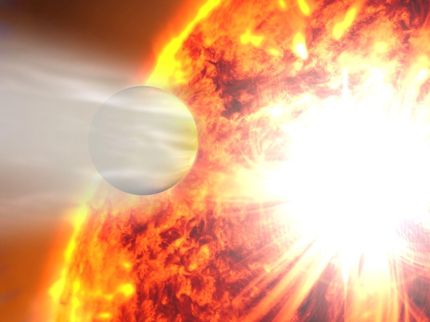 Diese künstlerische Darstellung illustriert, wie die Atmosphäre des Exoplaneten HD 189733b infolge einer gewaltigen Strahleneruption seines Heimatsterns verdampft.