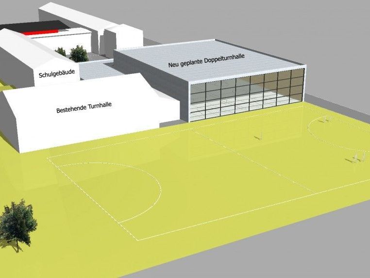 Die Doppelturnhalle wird direkt an den bestehenden Turnsaal angeschlossen. Die Doppelturnhalle wird direkt an den bestehenden Turnsaal angeschlossen.