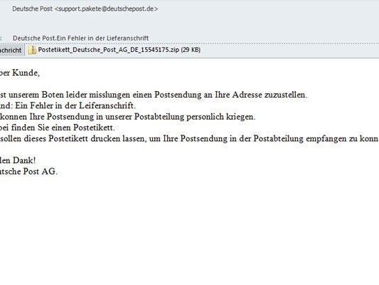 Trojaner-Angriff mit Betreff "Deutsche Post.Ein Fehler in der Lieferanschrift".