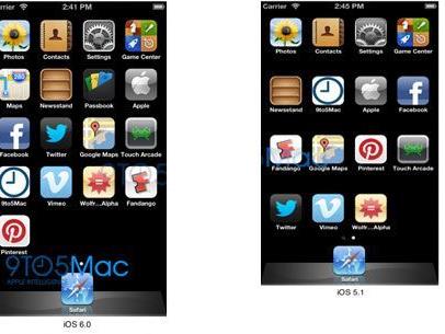 iOS6.0 (l.) zeigt deutlich eine zusätzliche Zeile für App-Icons im Vergleich zu iOS5.1(r.).