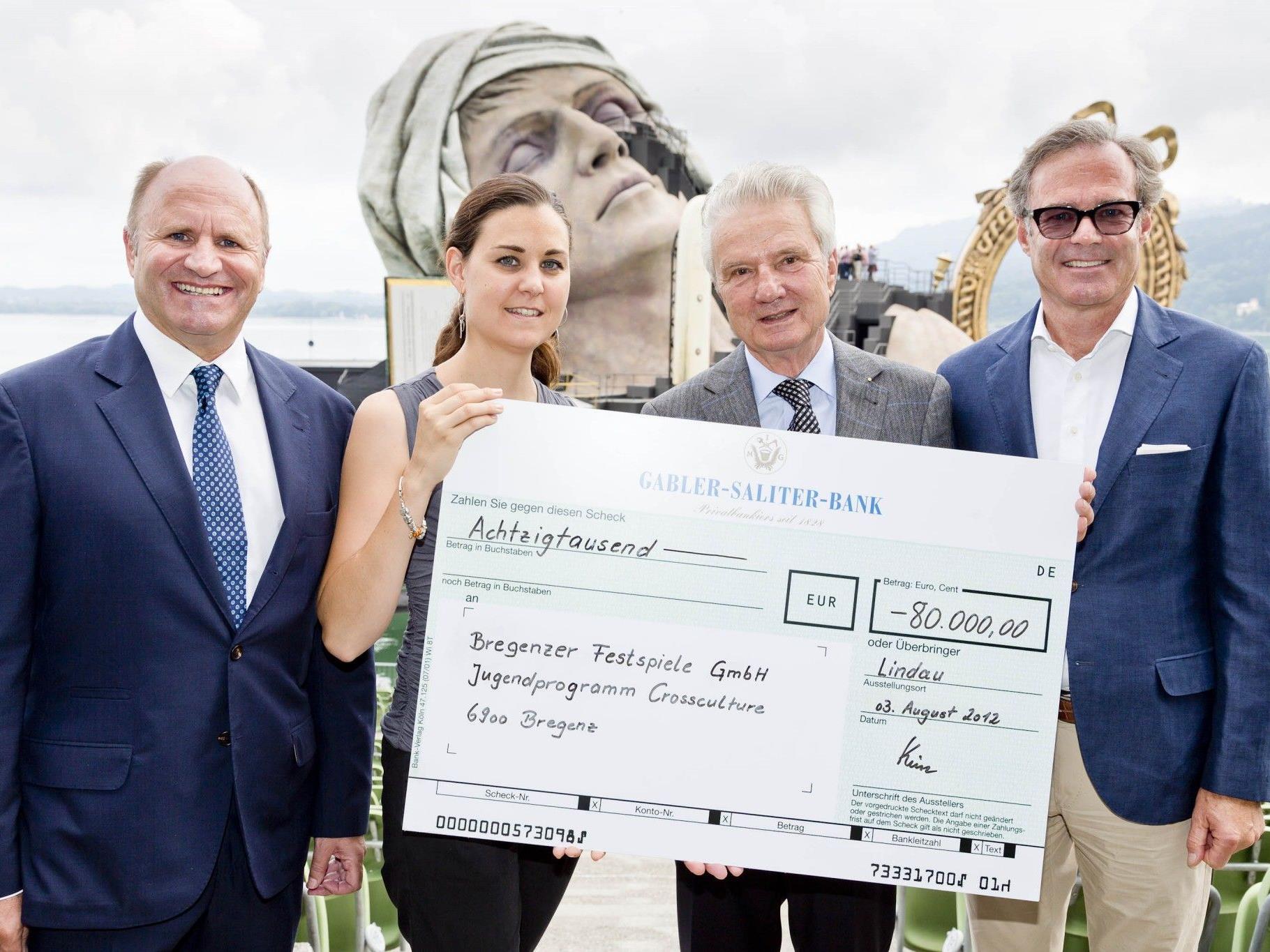 Festspiel-Präsident Hans-Peter Metzler, Nina Wolf, Peter Kürn und Gebhard Sagmeister vom Verein der Freunde der Bregenzer Festspiele freuten sich über die 80.000 Euro-Spende (von links).