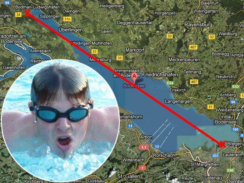 Schafft er die Durchquerung des Bodensees? Maximilian Melyarki schwimmt für einen guten Zweck.