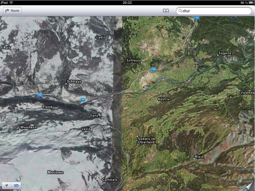In Apples iOS 6 Maps wechselt die Ansicht plötzlich von Farbe auf Schwarz-weiß.