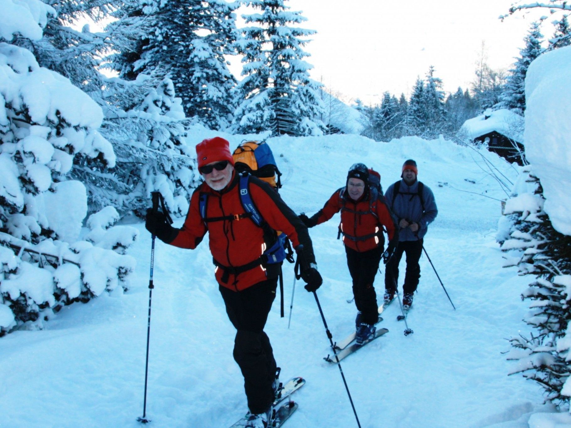 Tourenskifahrer beim Aufstieg auf die Bazora Bergstation. Tourenskifahrer beim Aufstieg auf die Bazora Bergstation.