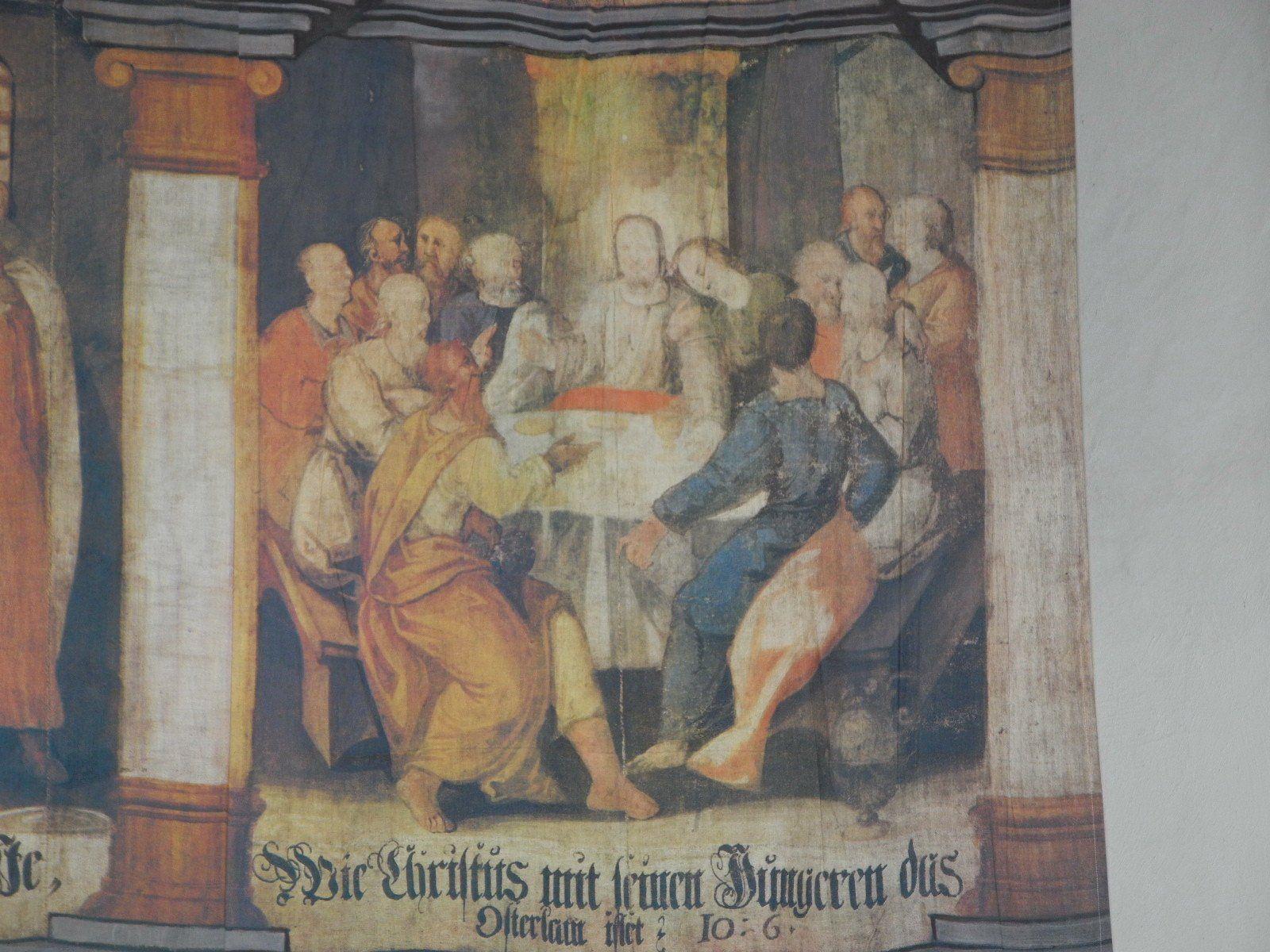 Das "Abendmahl", eines der 24 Abbildungen auf dem Benderer Fastentuch, mit großeser Sicherheit gemalt vom Feldkircher Johann Georg Clessin