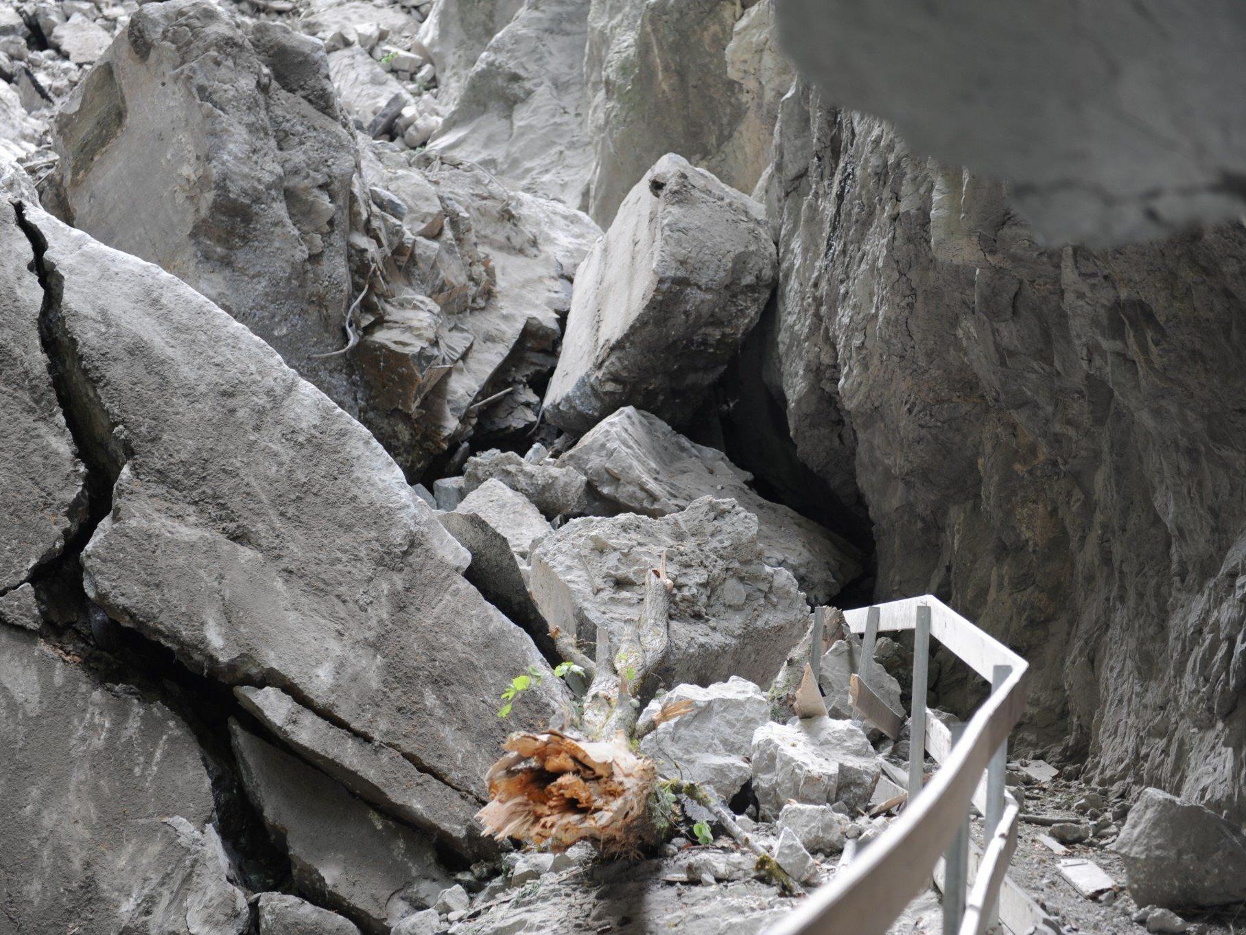 Durch den Felssturz vom Mai 2011 wird die Ebniter Ache gestaut. Kleinkraftwerke und der Staufensee sind in Gefahr.