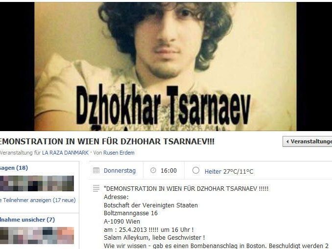 Eine Einladung zu einer Demonstration FÜR den zweiten Verdächtigen von Boston sorgt für Verwirrung auf Facebook. Eine Einladung zu einer Demonstration FÜR den zweiten Verdächtigen von Boston sorgt für Verwirrung auf Facebook.