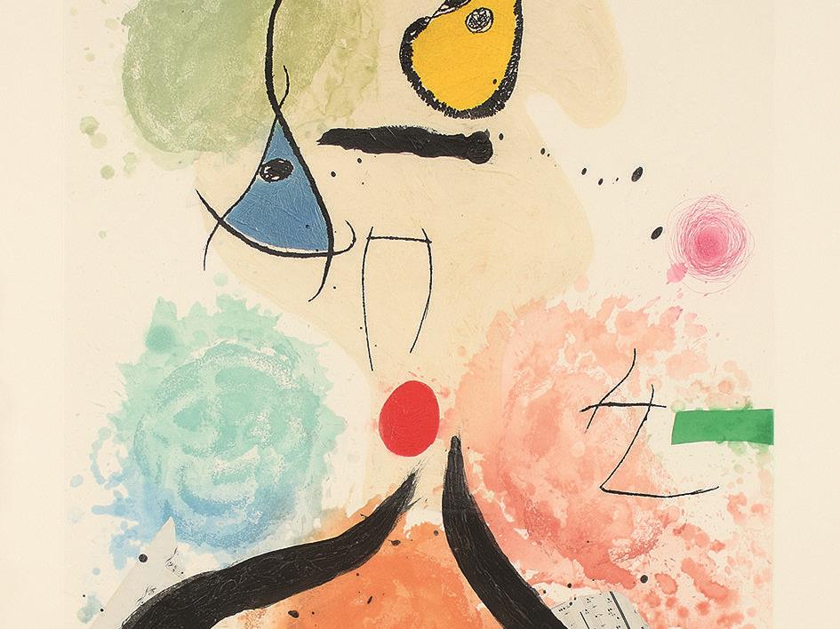 Joan Miró, „La cantatrice chauve“ (Die kahle sängerin), Aquatintaradierung mit Carborundum und Collage 1981/1990, Galerie Boisserée Joan Miró, „La cantatrice chauve“ (Die kahle sängerin), Aquatintaradierung mit Carborundum und Collage 1981/1990, Galerie Boisserée