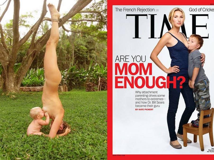 Unterschiedlicher könnten die Szenen nicht sein: Eine Hippie-Mum beim Stillen und eine Business-Frau auf dem Cover des Time-Magazine.