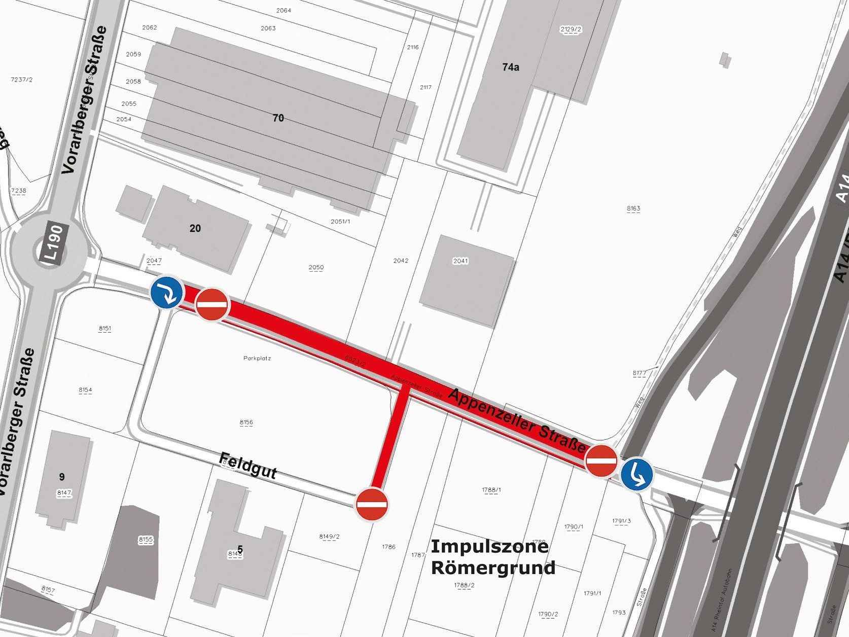 Betriebe „Im Feldgut“ sind von der Bundesstraße L190 aus erreichbar. Betriebe „Im Feldgut“ sind von der Bundesstraße L190 aus erreichbar.