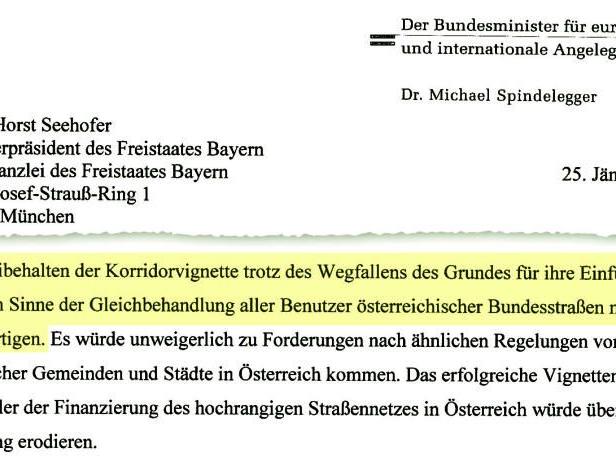 Brief vom 25. Jänner: Spindelegger verteidigt "Aus" der Korridorvignette.