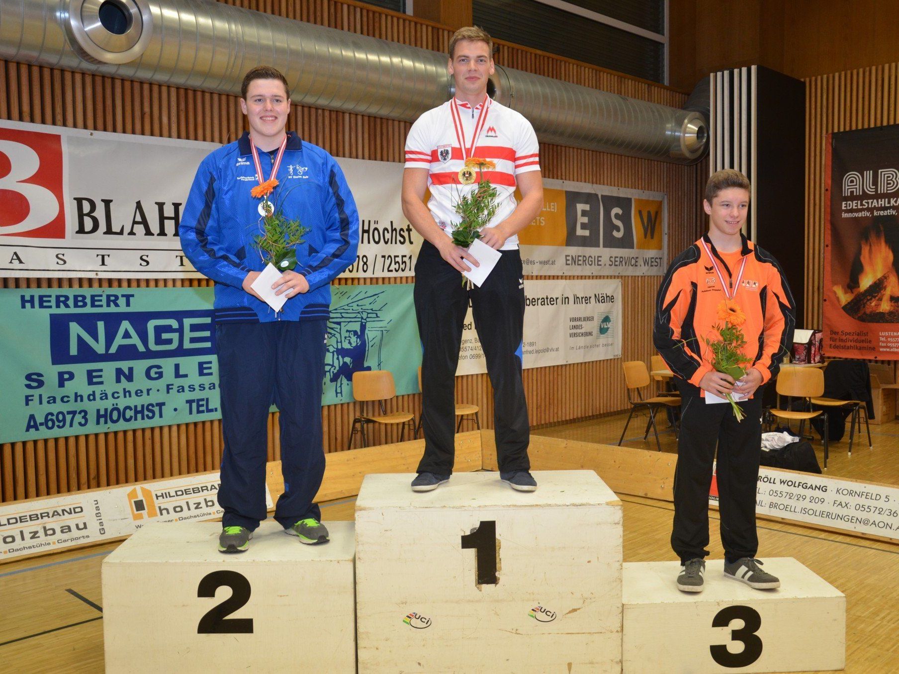 Fabian Allgäuer (Mitte) holte sich mit neuem österreichischen Rekord den Titel im 1er der Herren vor Marcel Schnetzer und Christopher Schobel. Fabian Allgäuer (Mitte) holte sich mit neuem österreichischen Rekord den Titel im 1er der Herren vor Marcel Schnetzer und Christopher Schobel.