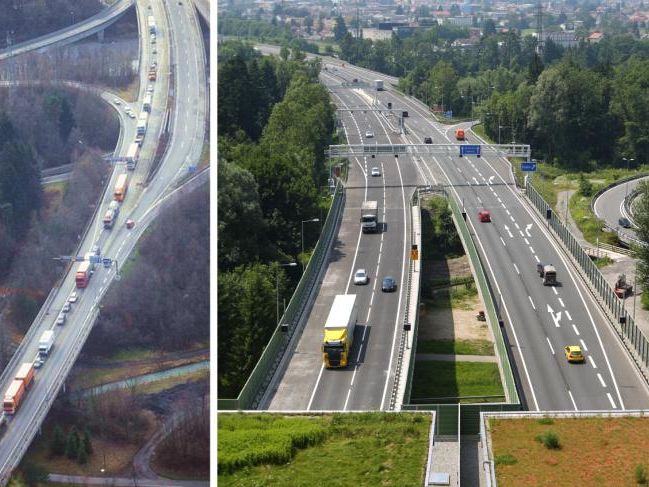 Auch am Südportal sind Situationen wie auf dem kleinen Bild links Geschichte, seit der Verkehr durch den zweiröhrigen Tunnel rollt (rechts). Auch am Südportal sind Situationen wie auf dem kleinen Bild links Geschichte, seit der Verkehr durch den zweiröhrigen Tunnel rollt (rechts).