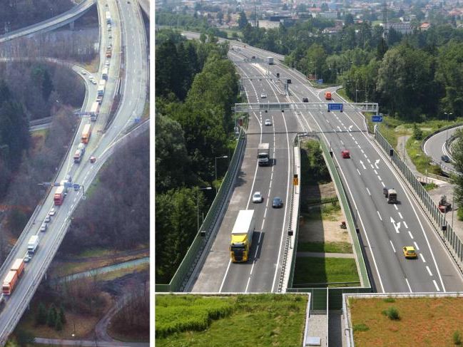 Auch am Südportal sind Situationen wie auf dem kleinen Bild links Geschichte, seit der Verkehr durch den zweiröhrigen Tunnel rollt (rechts).