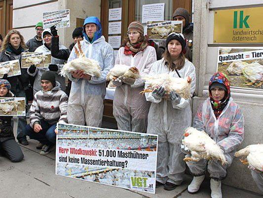 Bei der Protestaktion des Vereins gegen Tierfabriken (VGT) zum Thema "Katastrophale Bedingungen in Masthühnerfabriken"