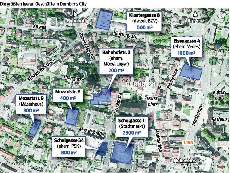 Die größten leeren Geschäfte in Dornbirns Innenstadt. Die größten leeren Geschäfte in Dornbirns Innenstadt.