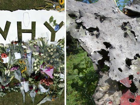 Letzte Blumengrüße vor dem Flugfeld von Eindhoven (l.) - ein von Schrapnell durchlöchtertes Wrackteil von MH17 (r.) Letzte Blumengrüße vor dem Flugfeld von Eindhoven (l.) - ein von Schrapnell durchlöchtertes Wrackteil von MH17 (r.)