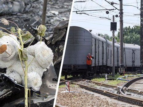 Links ein Spielzeug an der Absturzstelle von MH17, rechts die Kühlwaggons mit den Opfern. Links ein Spielzeug an der Absturzstelle von MH17, rechts die Kühlwaggons mit den Opfern.