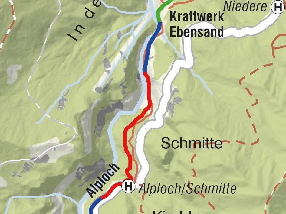 Ausschnitt Wasserleitung Ebnit-Alploch, rot markiert: Leitungsabschnitt, der heuer ausgetauscht wird.