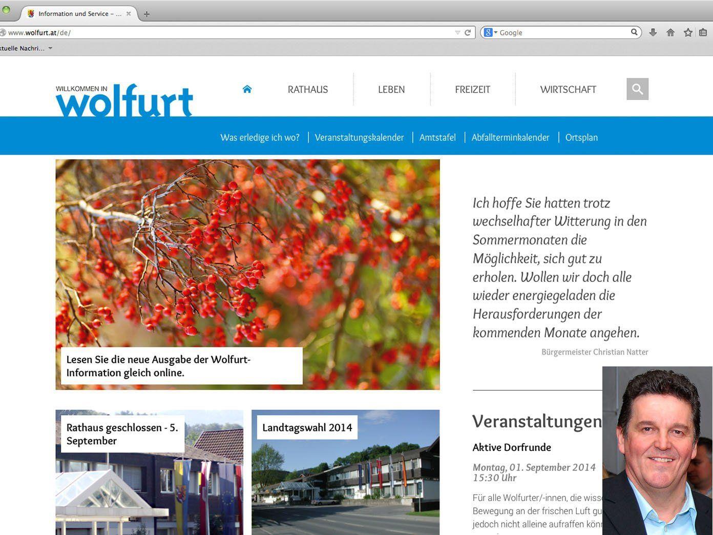 Wolfurts neue Homepage. Kleines Bild: Bgm. Christian Natter.