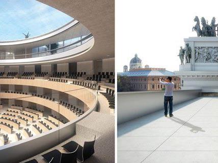 Eine Illustration zeigt den geplanten Nationalratssitzungssaal (l.) und die Terrasse/Gästepanorama (r.) im Rahmen der Sanierung des Parlamentsgebäudes