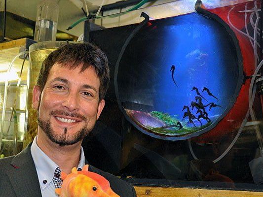 Bezirksvorsteher Markus Rumelhart vor dem Aufzuchtaquarium im Quarantänebereich Bezirksvorsteher Markus Rumelhart vor dem Aufzuchtaquarium im Quarantänebereich