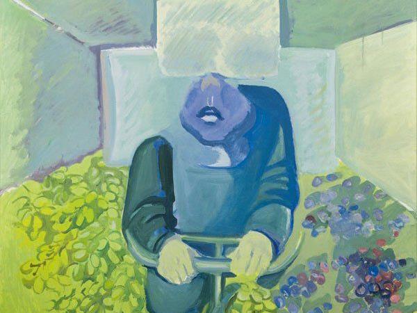 Das 1967 entstandene Gemälde "Brettl vor dem Kopf" von Maria Lassnig.