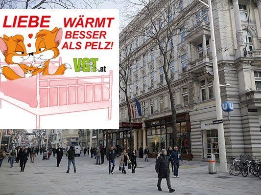 Der Verein gegen Tierfabriken lädt dazu ein, sich auf der Mariahilfer Straße gegen Pelz ins Bett zu legen Der Verein gegen Tierfabriken lädt dazu ein, sich auf der Mariahilfer Straße gegen Pelz ins Bett zu legen