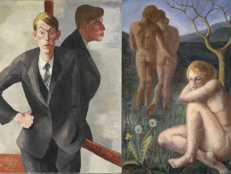 Selbstbildnis von Oswald Baer und sein Gemälde "Figuren in der Landachaft".