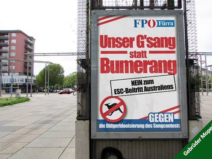 Gefälschtes FPÖ-Plakat wettert gegen die "Didgeridooisierung des Songcontests". Gefälschtes FPÖ-Plakat wettert gegen die "Didgeridooisierung des Songcontests".