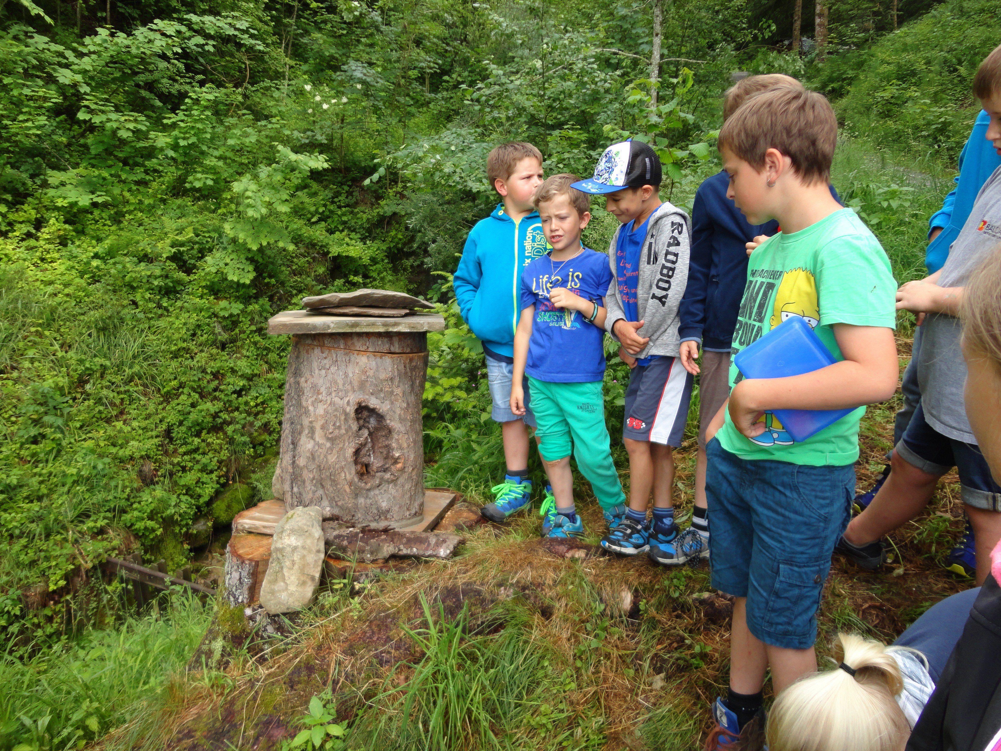 Stolz sind die Schüler der Volksschule Doren auf ihr Baumstamm-Bienenhaus.