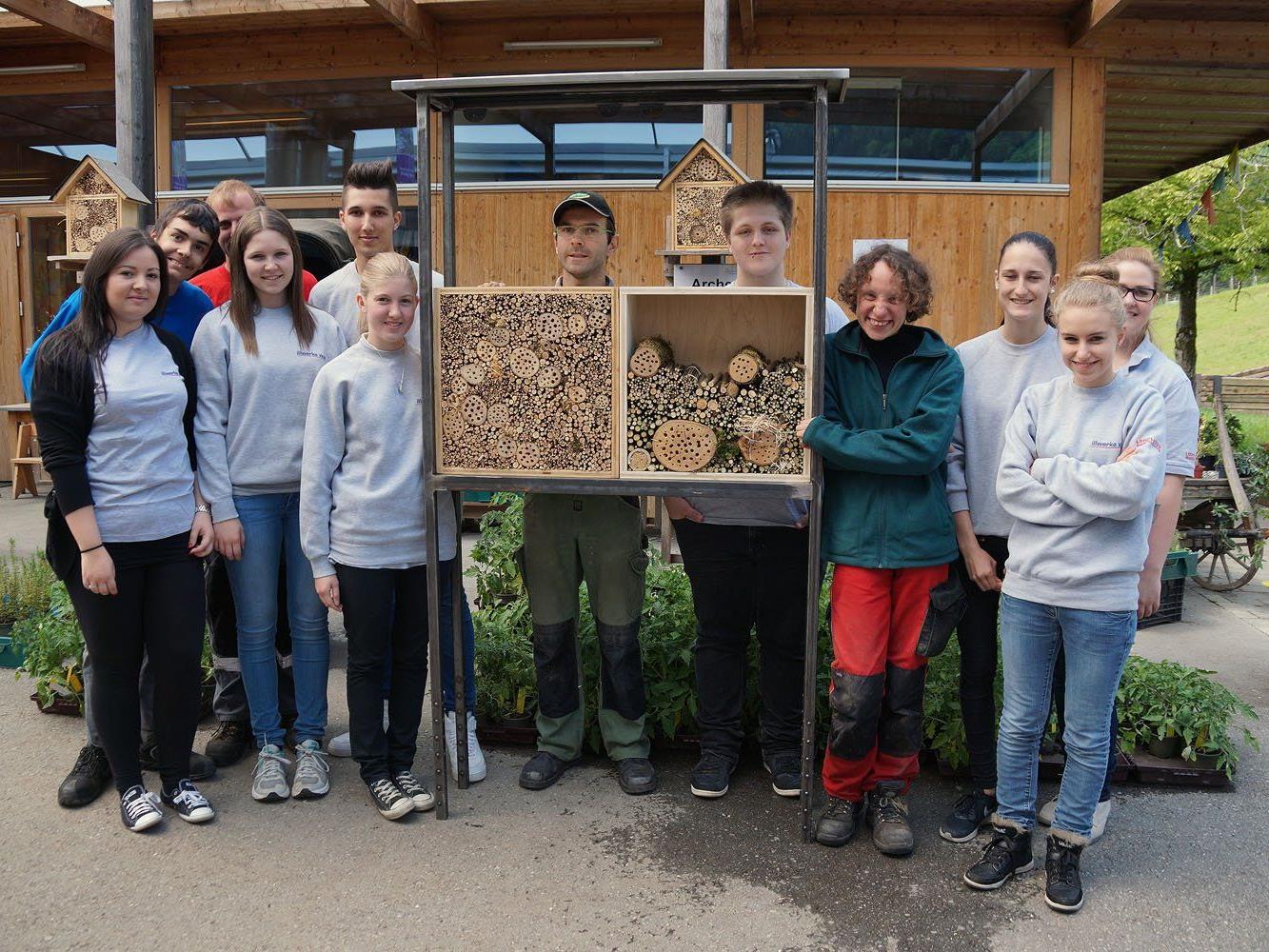 Die illwerke vkw Lehrlinge und das Sunnahof-Team gestalteten gemeinsam ein „bsundriges“ Insektenhotel.