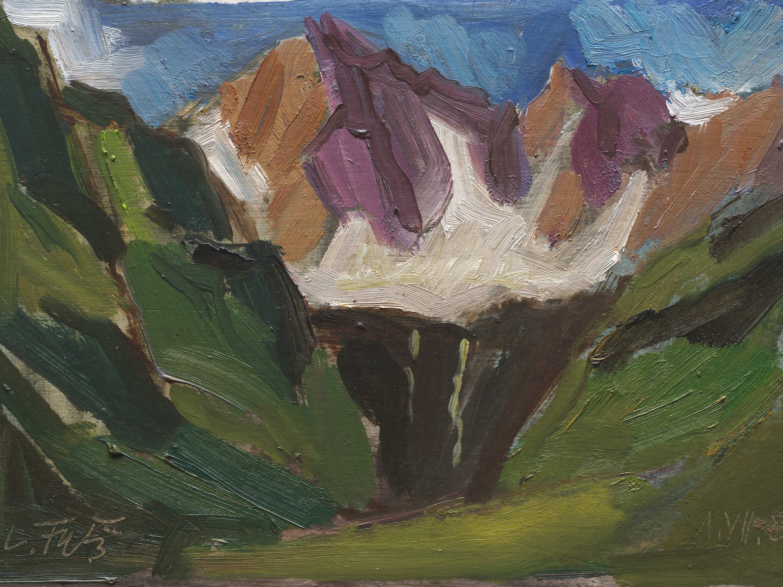 1985 fertige Leopold Fetz mit Ölfarben das Bild „Talabschluss“ auf einer Hartfaserplatte. 1985 fertige Leopold Fetz mit Ölfarben das Bild „Talabschluss“ auf einer Hartfaserplatte.