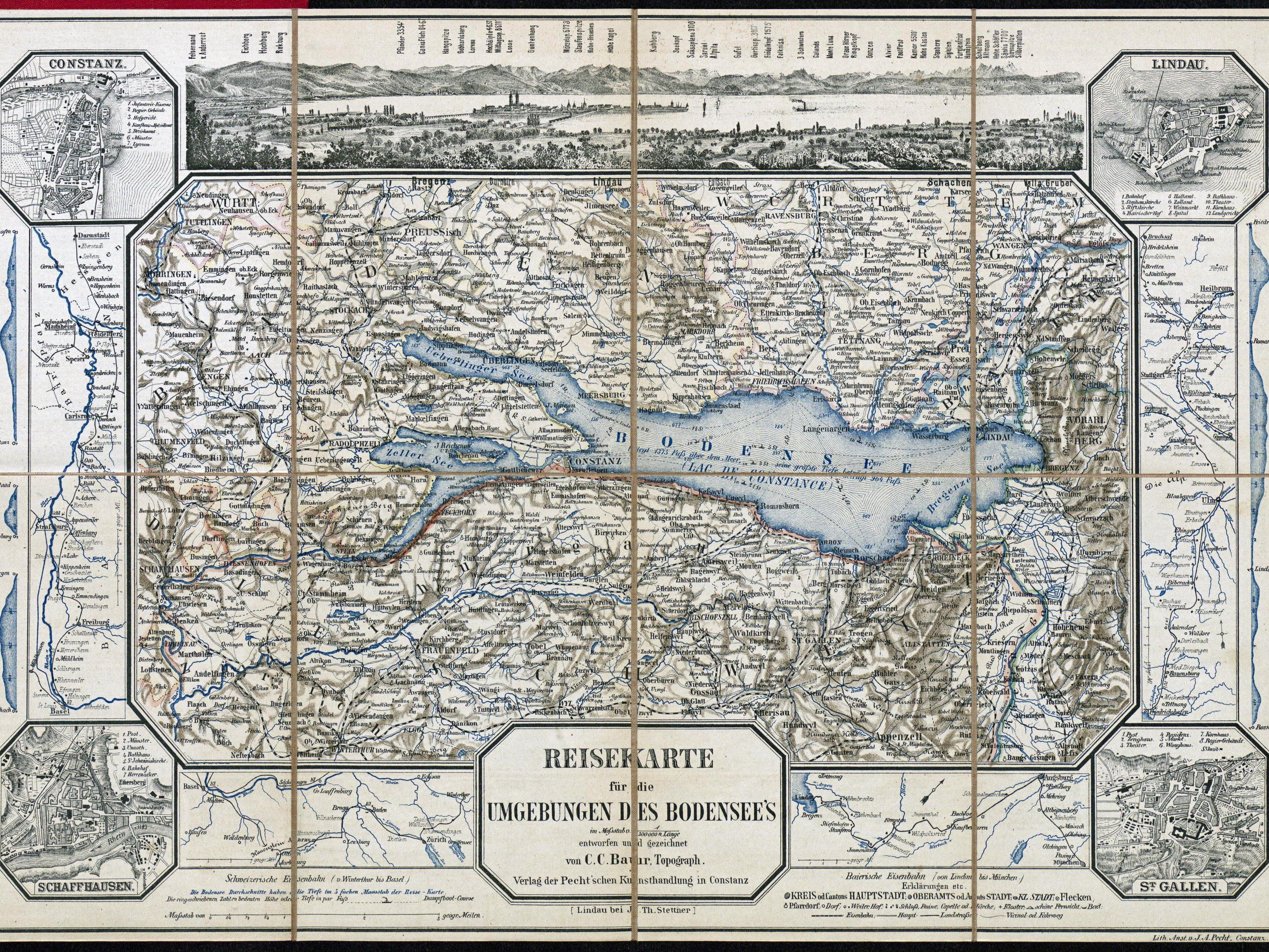 Reisekarte für die Umgebung des Bodensees, ca. 1865.
