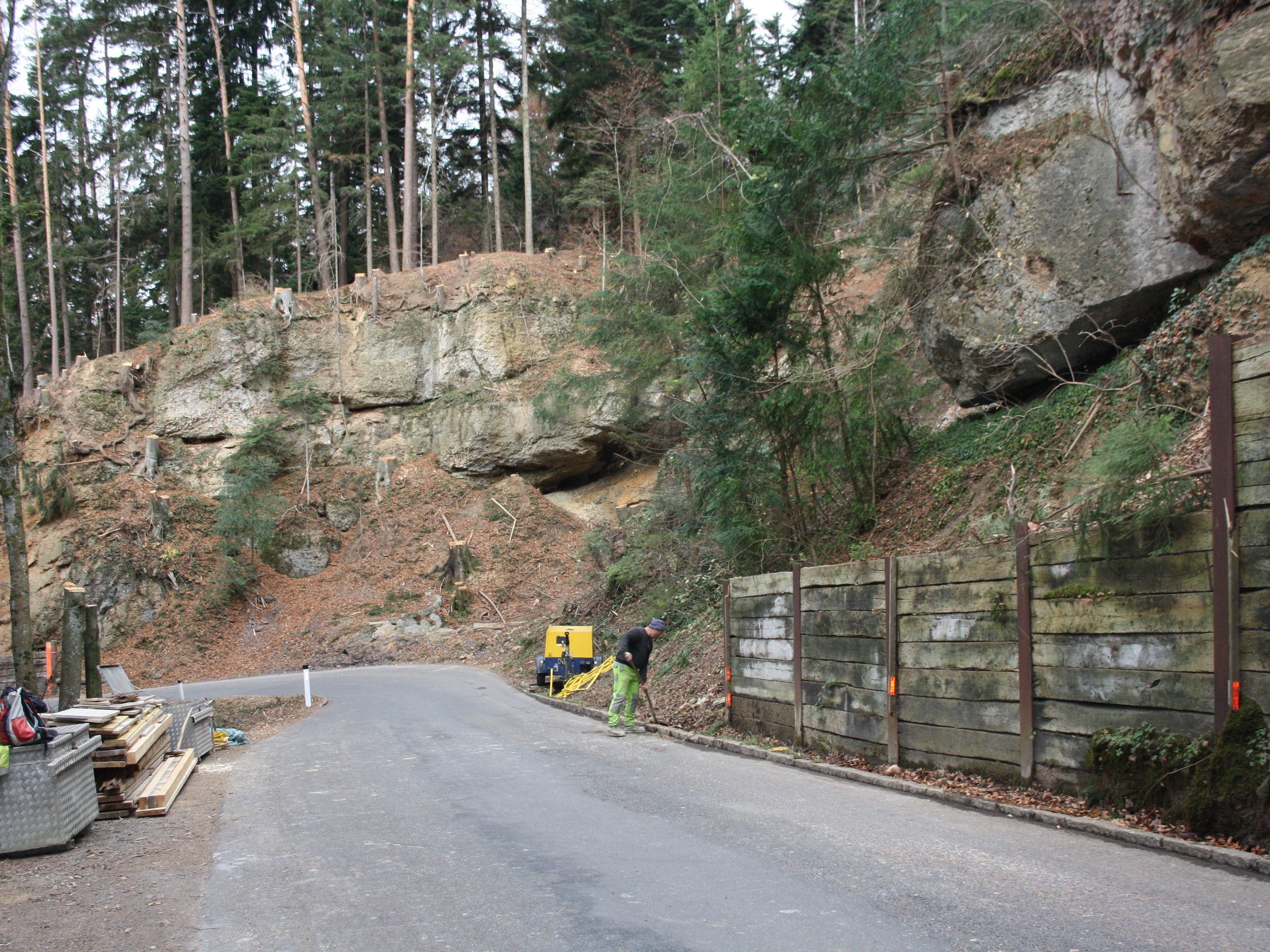 Umfangreiche Steinschlagschutzarbeiten im Bereich der Kugelbeerbach-Querung (Wasserfall) auf der Pfänderstraße zwischen Kaufmann und Haggen zur Sicherheit der Straßenbenutzer.