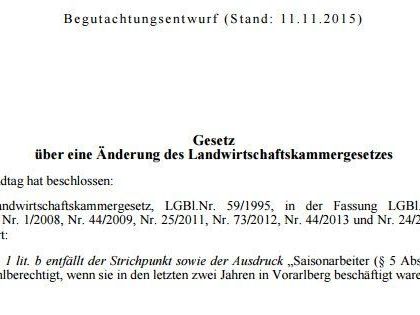Landwirtschaftskammergesetz: Bis 18.12. können Bürger Änderungsvorschläge einbringen. Landwirtschaftskammergesetz: Bis 18.12. können Bürger Änderungsvorschläge einbringen.